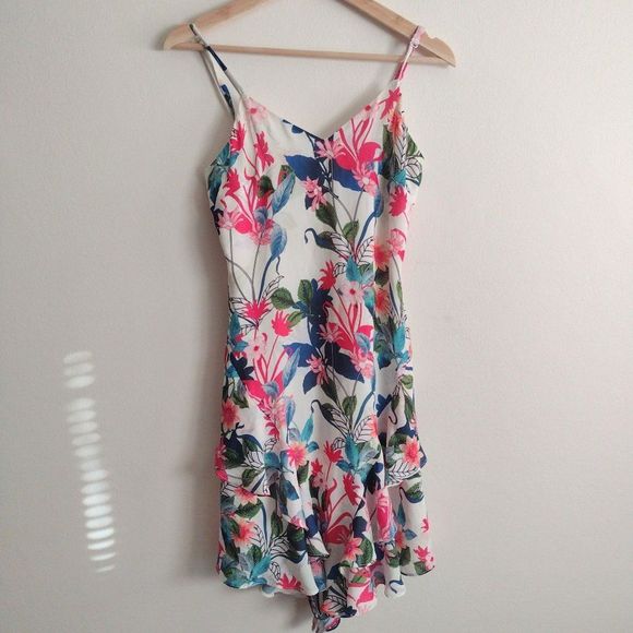 Parker NY Tropical Print Ruffle Slip Dress XS Bright Floral Sundress - Picture 1 of 9